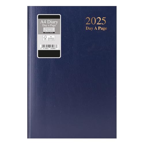 1ABOVE A4 Day to Page 2025 Diary | Hardback Casebound Cover & Ribbon Marker DAP Year Planner for Business, Office, Home, Appointments - Sat and Sun Full Page a Day (BLUE)