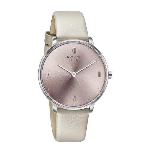 Image of Sonata Sleek Quartz Analog Pink Dial Beige Leather Strap Watch for Women-8191SL01