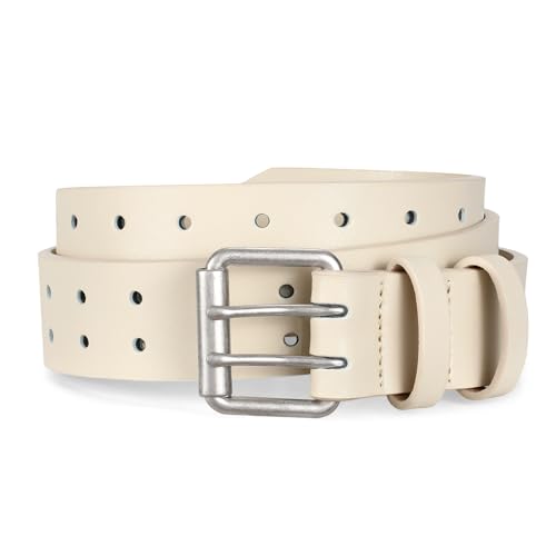 Image of JASGOOD Men Double Prong PU Leather Belt Casual Work Heavy Duty Belt Double Grommet Holes Belt for Jeans