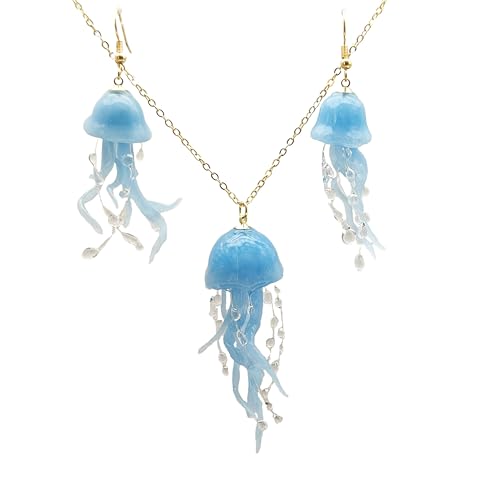 Blue Jellyfish 3D Deep Sea Ocean Clay Resin Jewelry Sets Necklace Earrings ﻿for Women Handmade