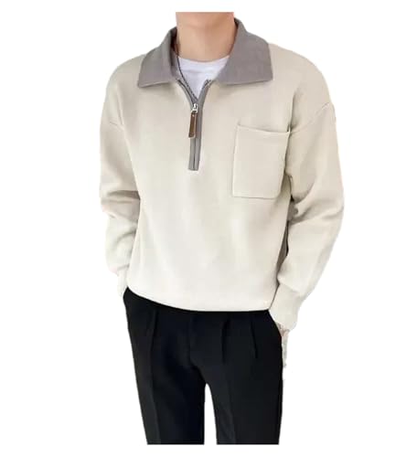 Mnjyihy Men Lapel Zipper Spliced Knitted Sweaters Casual Long Sleeve Business Slim Fit Pullover Sweater with Pockets