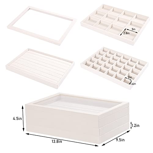 Coward Stackable Jewelry Trays Organizer Set with Clear Lid, Trays for Drawer, Earring Necklace Bracelet Ring Display Organizer(beige(ring+12girds+30girds+The glass lid))