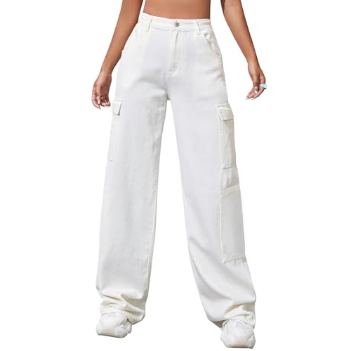 LONGBIDA Women's High Waisted Cargo Jeans Y2K Straight Wide Leg Baggy Jean Loose Denim Cargos Pants Trousers