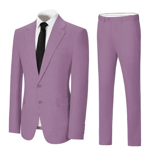 SOLOVEDRESS Men's 2 Pieces Suit Regular Solid Fit Summer Suit Cotton Linen Business Tuxedo Pants Set for Wedding Party