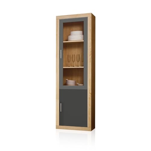 duehome | Vitrina Reversible con 2 Puertas, Composicion Salon por Piezas, Modelo Nuka, Acabado en Cambria y Gris Grafito, Medidas: 60 cm (Largo) x 193,2 cm (Alto) x 34,6 cm (Fondo)