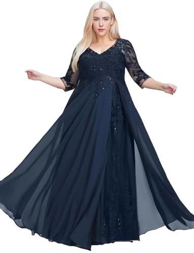 Women's Lace Mother of The Bride Dresses for Wedding Chiffon Formal Dress with Sleeves Sequin Evening Gown3