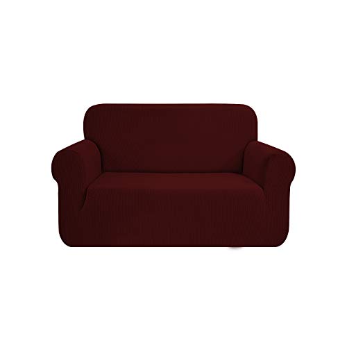 SAMSTEX Stylish Sofa Cover Stretch 1-Piece Sofa Slipcovers High Stretch Sofa Covers 2 Seater Thick Soft Loveseat Sofa Protector Machine Washable Non Slip Couch Covers (2 Seater, Wine Red)