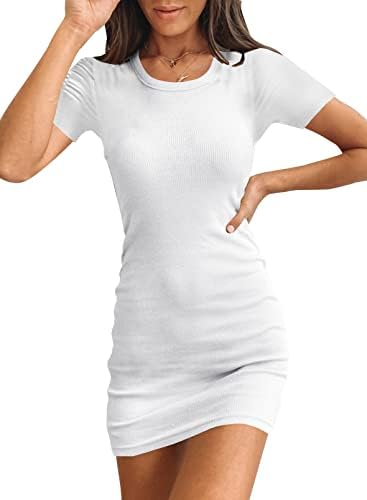 Valiamcep Bodycon Dress for Women Summer Scoop Neck Short Sleeve Ribbed Casual Sexy Bodycon Mini Dress White XL