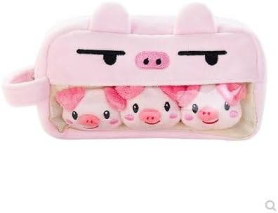 Cartoon Pen Pouch with 3 Cute Plush Pins Big Capacity Kawaii Pig Rabbit Bunny Pen Organizer Case Aesthetic Estuche para Lapices Pink Pig