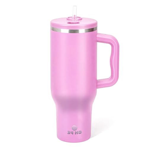 34HD Pink 40oz Insulated Tumbler with Handle and Reusable Hidden Straw