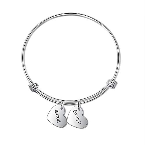 Personalized Bracelet Bangle for Women Bracelet with Heart Name Initial Bracelets for Women Christmas Jewelry (2 charms)