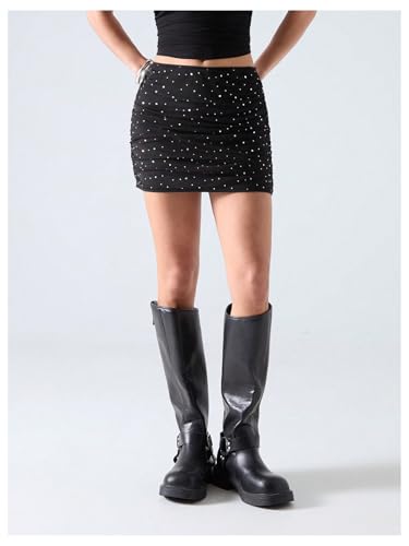 SOLY HUX Women's Rhinestone Mesh Mini Skirt Glitter Ruched Bodycon Party Club Going Out Skirts3