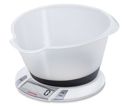 Soehnle Digitale Küchenwaage Olympia Plus mit 5 Kilo Tragkraft und 1-g-Wiegepräzision, Waage mit abnehmbarer Rührschüssel, elegante Waage für die Küche mit LCD-Anzeige und Abschaltautomatik, weiß