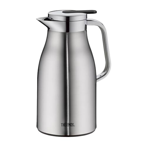 Thermos Termo Century, acero inoxidable mate, 1 litro, inserto de cristal, botón de vertido con una sola mano, jarra térmica mantiene el calor durante 12 horas, ideal como cafetera o tetera, jarra