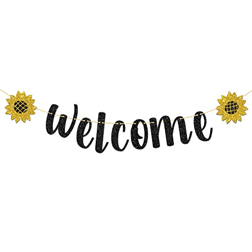 T-minimalist Welcome Banner, Black Glitter Hanging Sign Party Decorations, Induction Party | Home | School New Terms Begins Sign Bunting 6.3 Feet