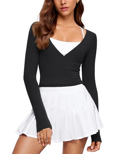 INGIA Womens V-Neck Long Sleeve Cross Wrap Top Slim Fit Soft Knit Layering Shirt Casual Yoga Gym Bandage Tie Tops Black Small