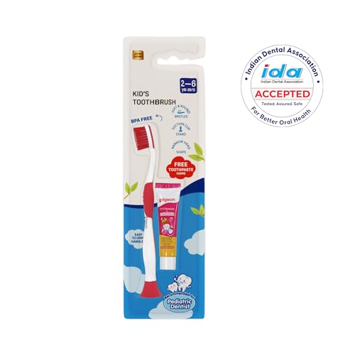 Image of Kids Toothbrush Red for 2-6 Years with FREE Toothpaste | Soft Bristles | Gentle Oral Care for Children | Easy Grip Handle | Daily Kids Hygiene Combo