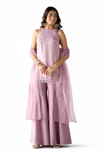 Image of FIORRA Women Lavender Crush Organza Hand-Worked Straight Kurta Set with Dupatta