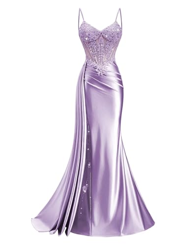Rjer Spaghetti Straps Satin Prom Dresses for Women Long Beaded Corset Formal Party Dresses with...