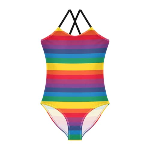 senya Girls Swimsuits One-Piece Swimwear Tie Bathing Suit Beach Summer Round Neck 5-6T Rainbow Horizontal Stripes Pattern