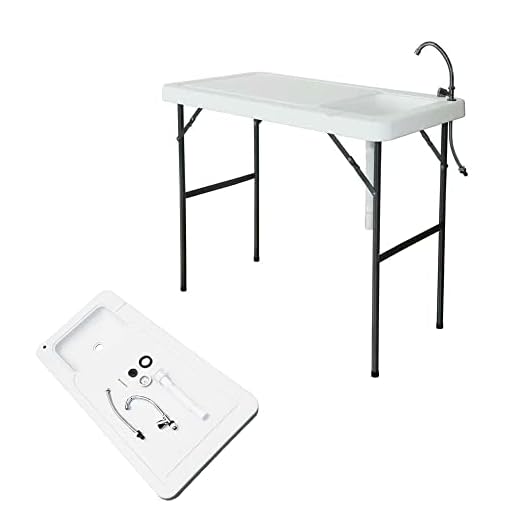 4-Foot Portable Fish Cleaning Table, Outdoor Folding Fish Cleaning and Game Table w/Sink, Camping Outdoor Folding Table Washing Station for Camping, Picnic and Garden