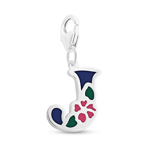 Azaggi Sterling Silver Colored Initial Letter J with Flower Charm Pendant with a Lobster Claw Clasp (Blue) Black Friday Jewelry Gift