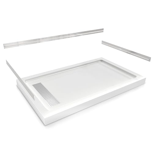 CKB 60' x 32' Shower Base, Left or Right Drain, Removable Aluminum Flange (Zero/Single/Dual Threshold), Pre-Sloped Design, Fiberglass Shower Pan, 304 Stainless Steel Grate Drain Cover, White