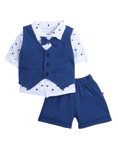 Image of BUMZEE Boys Regular Fit Full Sleeves Collar Neck Cotton Shirt Waistcoat Short Set with Applique Bow