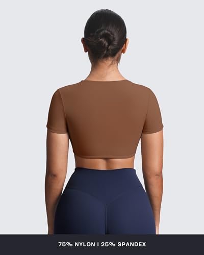 Image of Aoxjox Short Sleeve Crop Tops for Women Sienna Twist Deep V Workout Cropped T Shirt Top