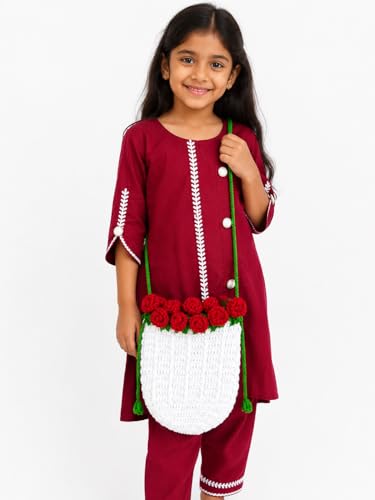 Image of RHC Handmade Crochet Bucket Bag with 3D Red Rose Floral Embellishment, White, Medium, Women's Crossbody Handbag 18x18