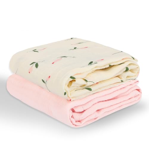 Image of Muslin Swaddle Blankets for Newborns, 2 Pack Large 40 x 40 Inches, 100% Cotton Receiving Blankets, Soft and Breathable Baby Swaddles, Baby Essentials for Girls, Shower Gift, Floral and Pink