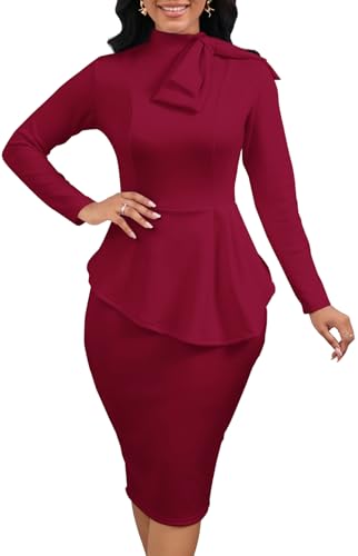 Image of WanMem Women Formal Bodycon Peplum Cocktail Dress Short Sleeve Bow Ruffle Pencil Party Midi Dresses