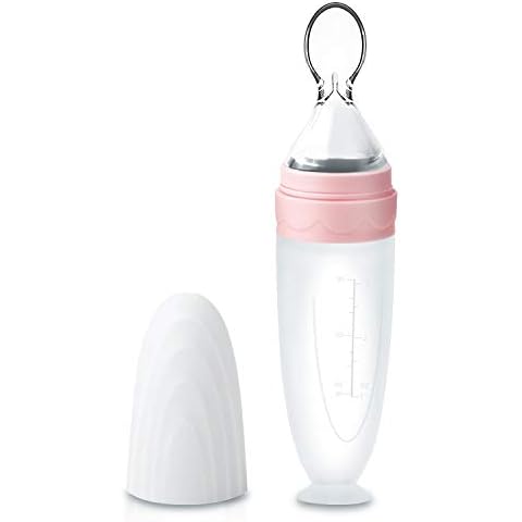 Termichy Baby Weaning Spoons, Silicone Baby Food Dispensing Spoon, Baby Bottle with Spoon for Infant Feeding, 90ML (Pink) Cover