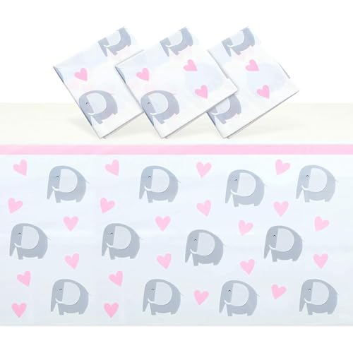 Blue Panda Elephant Party Tablecloths for Elephant Baby Shower Decor & Table Decorations - 54 x 108 in, Pink, 3 Pack