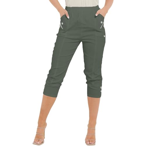 Pure Fashion UK Cropped Trousers New Cherry Berry Soft Cotton Stretch Capri Cropped 3/4s Elasticated Cropped Trousers Pants Size 8-26 UK (as8, Numeric, Numeric_12, Regular, Regular, Khaki)