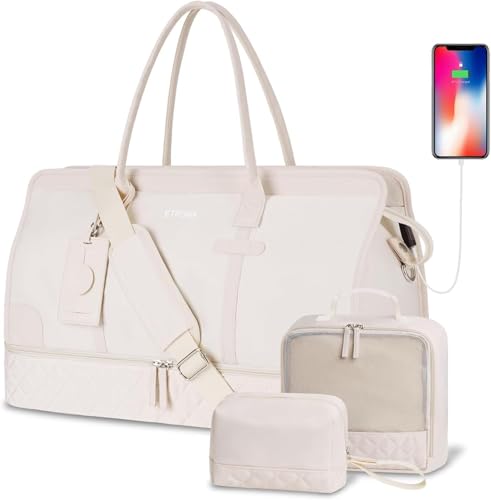 ETRONIK Weekend Overnight Bag for Women, Large Travel Duffle Bag with Shoe Compartment & Wet Pocket, Carry On Tote Bag Gym Duffel Bag with Toiletry Bag, Bag for Hospital 4 Pcs Set, Beige