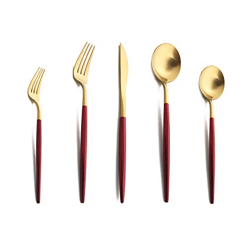 Uniturcky Silverware Set Hand polished Matte Gold Red Flatware Cutlery Set Service for 2 Satin Finish 10 Pieces 1810 Stainless Steel Utensils Set for Home and Restaurant Dishwasher Safe