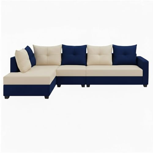 Image of SOCOZI Oriana 6 Seater LHS L Shape Sofa Set | Soft Velvet Suede Fabric | Modern Design | Plush Comfort Cushions for Living Room (Dark Blue-Cream)