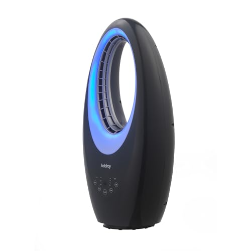 Image of Beldray Compact Bladeless Tower Fan - 50W Oscillating Cooling Fan with Remote Control, 3 Speeds, 7.5 Hour Timer, LED Colour Changing Lights, 45° Oscillation, Grey