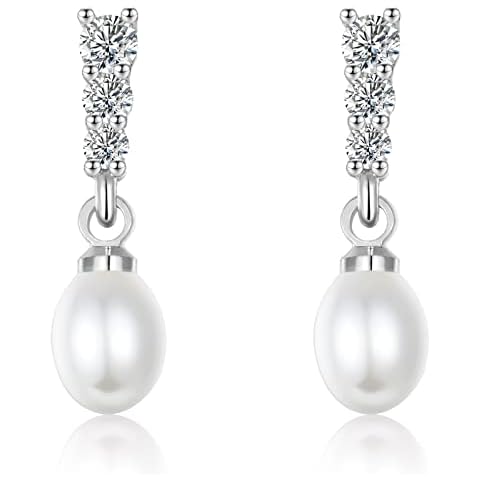 Pearl Drop Earrings for Women, Sterling Silver Pearl Dangle Earrings Hypoallergenic Teardrop Pearl Stud Earrings Jewellery Gifts for Girls, Silver Cover