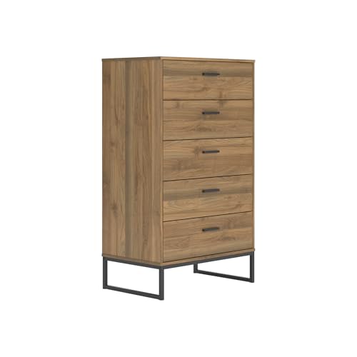 Signature Design by Ashley Deanlow Mid-Century Modern 5 Drawer Wide Chest with Safety Stop for Bedroom, Light Brown & Black