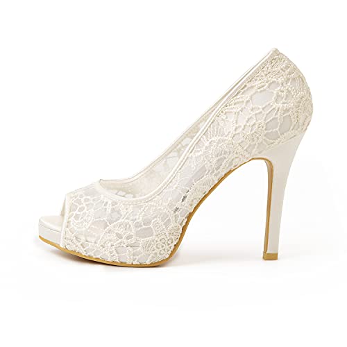 Women's Lace Stiletto High Heels Peep Toe Platform Sandals Slip On Wedding Pumps Bride Dress Shoes, 4 Inch2