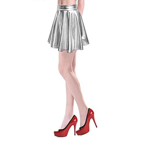 TQS Shiny Metallic Skirt Flared Pleated Holographic A-Line Mini Skater Skirts2