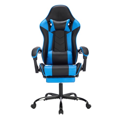 Image of Blue Gaming Chair with Headrest and Lumbar Support, High Back Computer Office Desk Chair with Footrest, 360 Swivel Height Adjustable Recliner Game Chair
