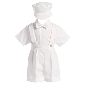 White Christening Baptism Suspenders and Short Set with Hat