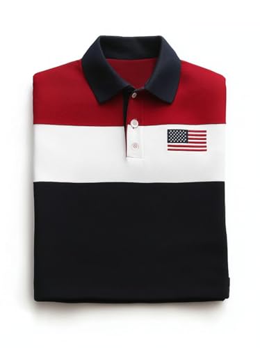 Men's Business Casual Striped Independence Day Button Short Sleeve Polo Shirts
