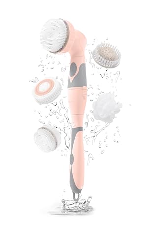 Brookstone Multi Face and Body Cleansing Brush Set | 4 Interchangeable Brush Heads | Rotating Technology for Deep Cleansing | Waterproof Design | Pink/Gray