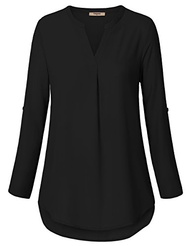 Timeson Black Blouses for Women, Women's Casual Chiffon V Neck Cuffed Sleeve Blouse Tops (X-Large, Black)