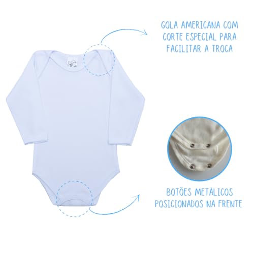 Kit 6 Peças Body Bebê Manga Longa Branco + Calças Mijão RN a G - 100% Algodão Suedine | Personalizar