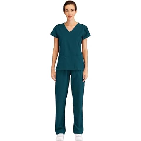 Minty Mint Women's V Neck Solid Stretch Medical Scrub Set Carribean M Cover